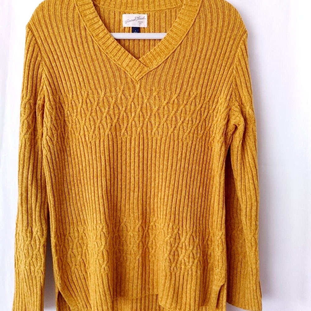 Universal Thread Women Pullover High Low Sweater Open Knit V Neck Mustard SZ S